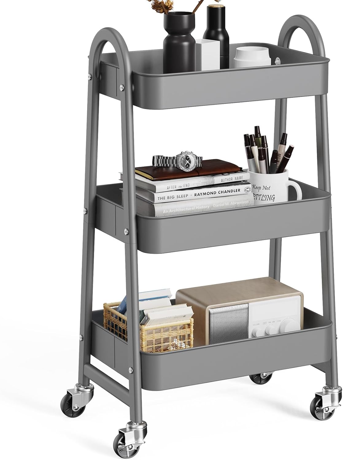 OLIXIS Metal 3 Tiers Utility Rolling Cart, Mobile Storage Shelf with Lockable Caster Wheels, Organization for Livingroom, Bathroom & Narrow Places, Gray
