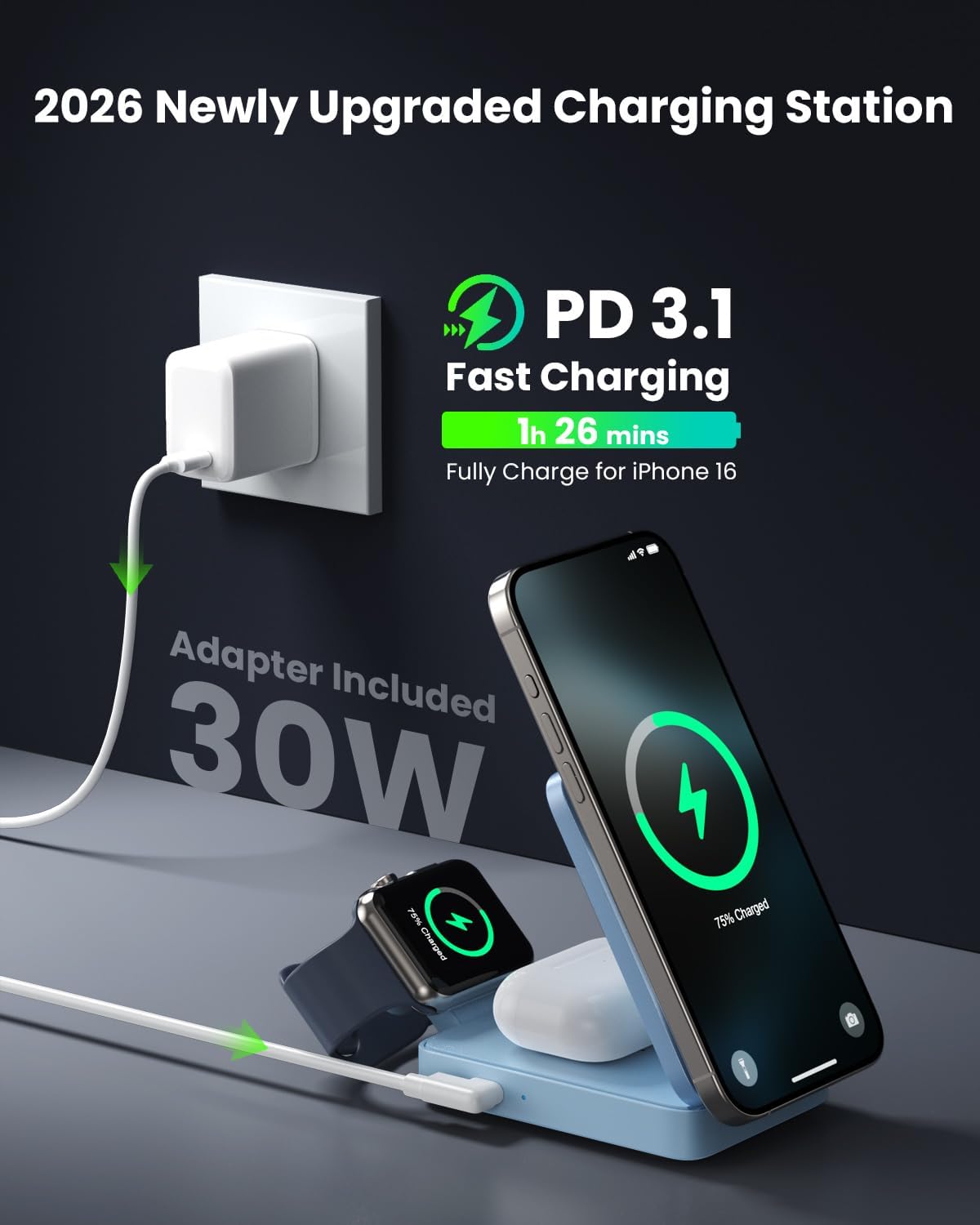 3 in 1 Wireless Charger Charging Station for iPhone,Travel Foldable Magnetic 15W Fast Wireless Charger Stand for Mag-Safe with 30W USB C Adapter for iPhone 17/16/15/14/13/12,Apple Watch,AirPods