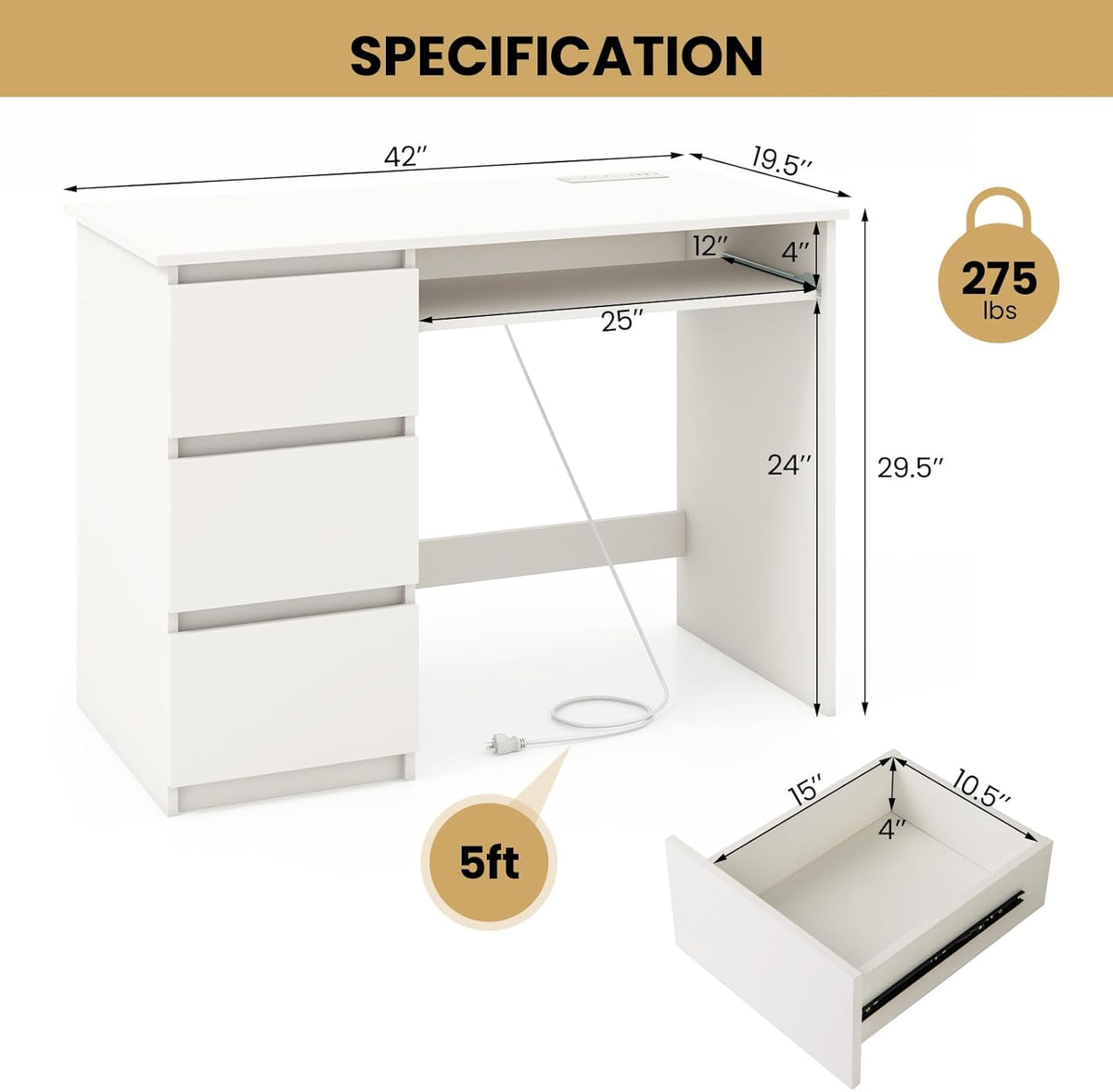 Tangkula White Desk with 3 Storage Drawers & Built-in Charging Station, Home Office Desk with Keyboard Tray, PC Desk Study Writing Table, Vanity Table for Bedroom, Computer Workstation (White)