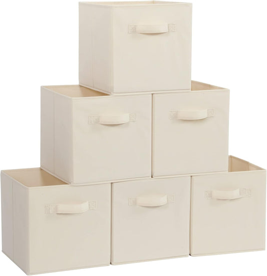 STORAGE MANIAC Storage Cubes, 11 Inch Collapsible Storage Bins with Handles, 6 Pack Fabric Foldable Bins for Organization, Durable Storage Bins for Closet, Shelves, Offices, Toys, Beige