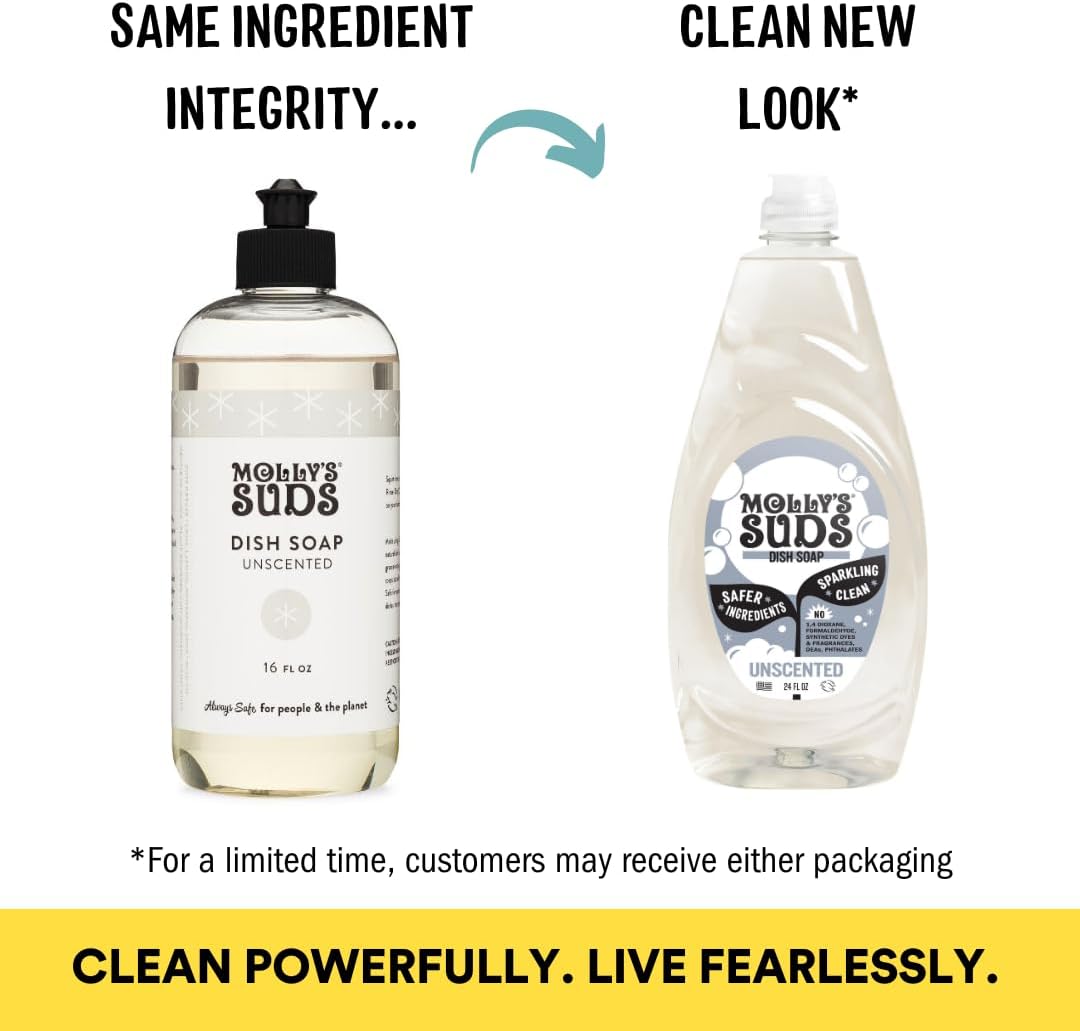 Molly's Suds Liquid Dish Soap | Clean, Simple Ingredients | Extra Scrubbing Power | Unscented, 24 oz - 2 Pack