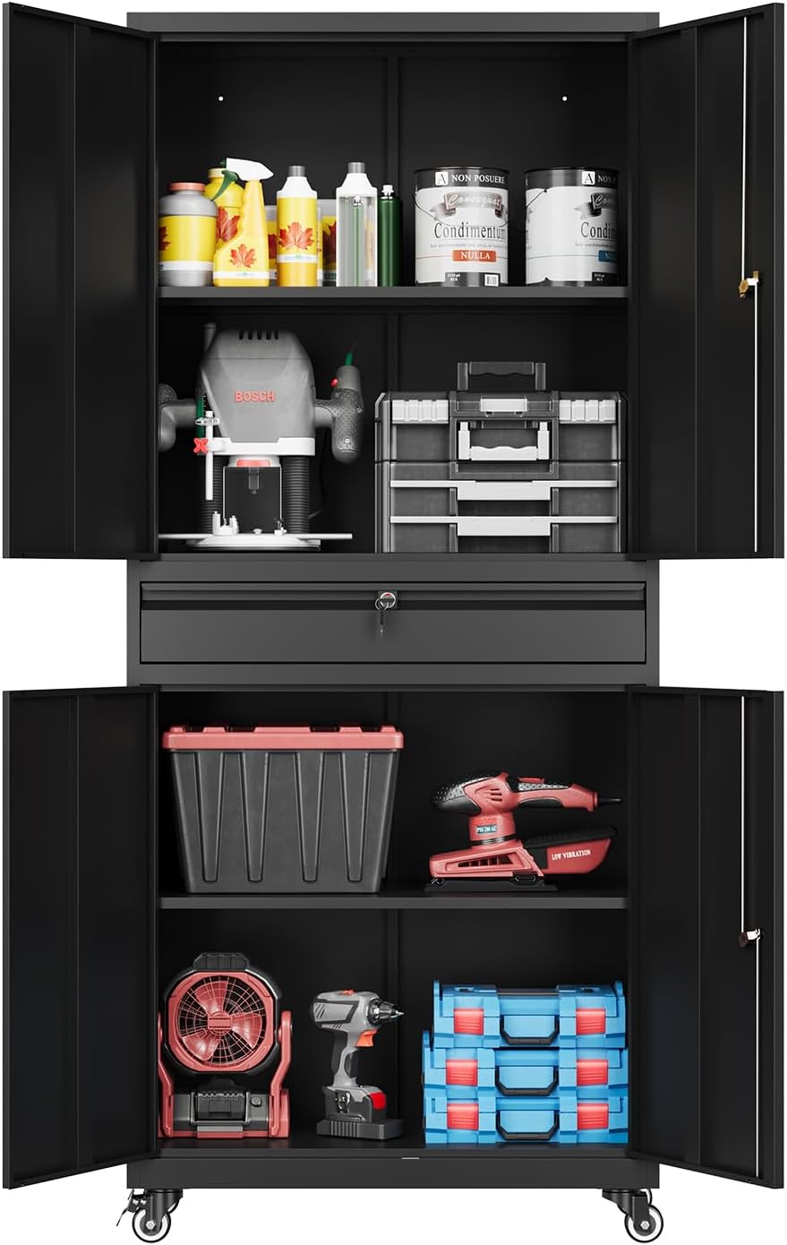 Fesbos Metal Storage Cabinet-71” Tall Steel File Cabinets with Doors and 5 Adjustable Shelves-White Steel Storage Cabinet for Home,Kitchen, School, Office, Garage
