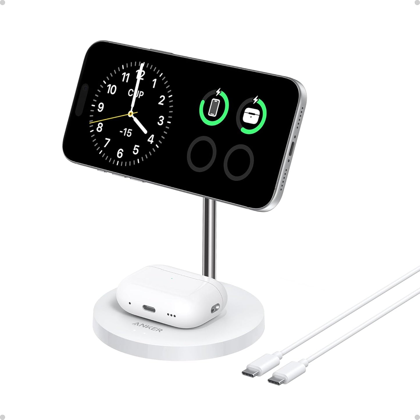 Anker MagSafe Compatible MagGo Charger Stand, iPhone 17 Wireless Charger, 2-in-1 Charging Station, Qi2 Certified 15W Fast Charging, for iPhone 17/16/15/14/13/12, AirPods Pro (Black, No Adapter)