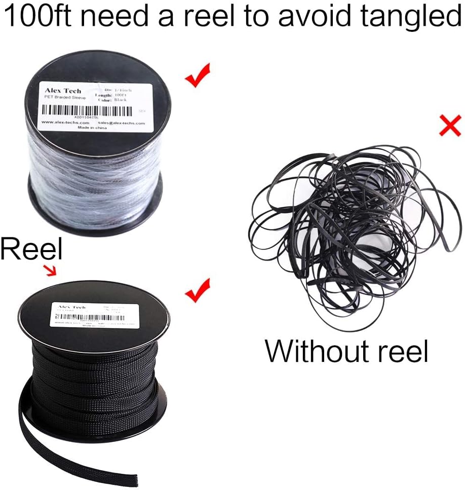 100ft - 1/2 inch PET Expandable Braided Sleeving – Black – Alex Tech Braided Cable Sleeve