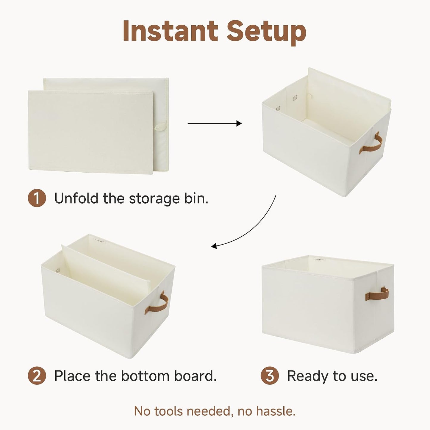StorageWorks Closet Storage Bins with PU Handles, Ivory White, Extra Large | Foldable Storage Bins with PU Handles, Closet Storage Baskets, Fabric Bins for Clothes Storage