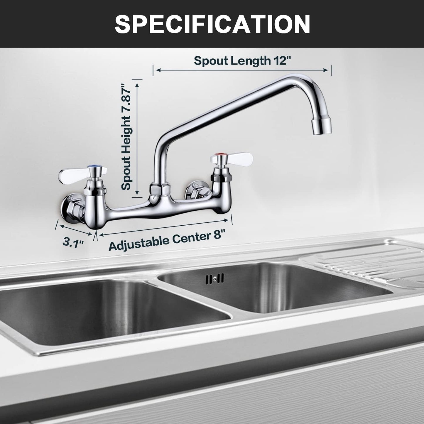 Wall Mount Faucet 8 Inch Center Commercial Kitchen Faucet, 12 Inches Swivel Spout Wall Mounted Restaurant Sink Faucets 2 Handle Commercial Faucets for Laundry Utility(Polished,12")