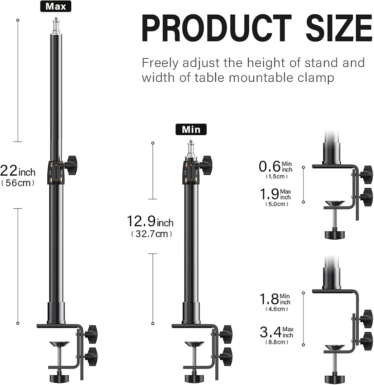 2-Pack Camera Desk Mount Stand with 1/4" Ball Head and Cold Shoe Mount Adapter,12.9-22" Tabletop Mounts Stand, Adjustable Aluminum Desktop Light Stand, for DSLR Camera, Ring Light, Video Light