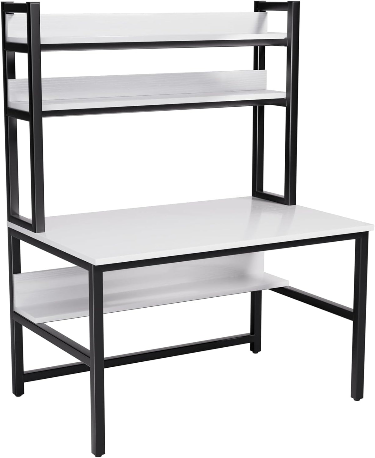 Aquzee Computer Desk with Shelves, 47" W x 23.6" D Gaming Desk with Hutch and Bookshelf, White Study Table for Bedroom Space Saving with 3 Tier Storage Shelf, Home Office Desk for Writing Work