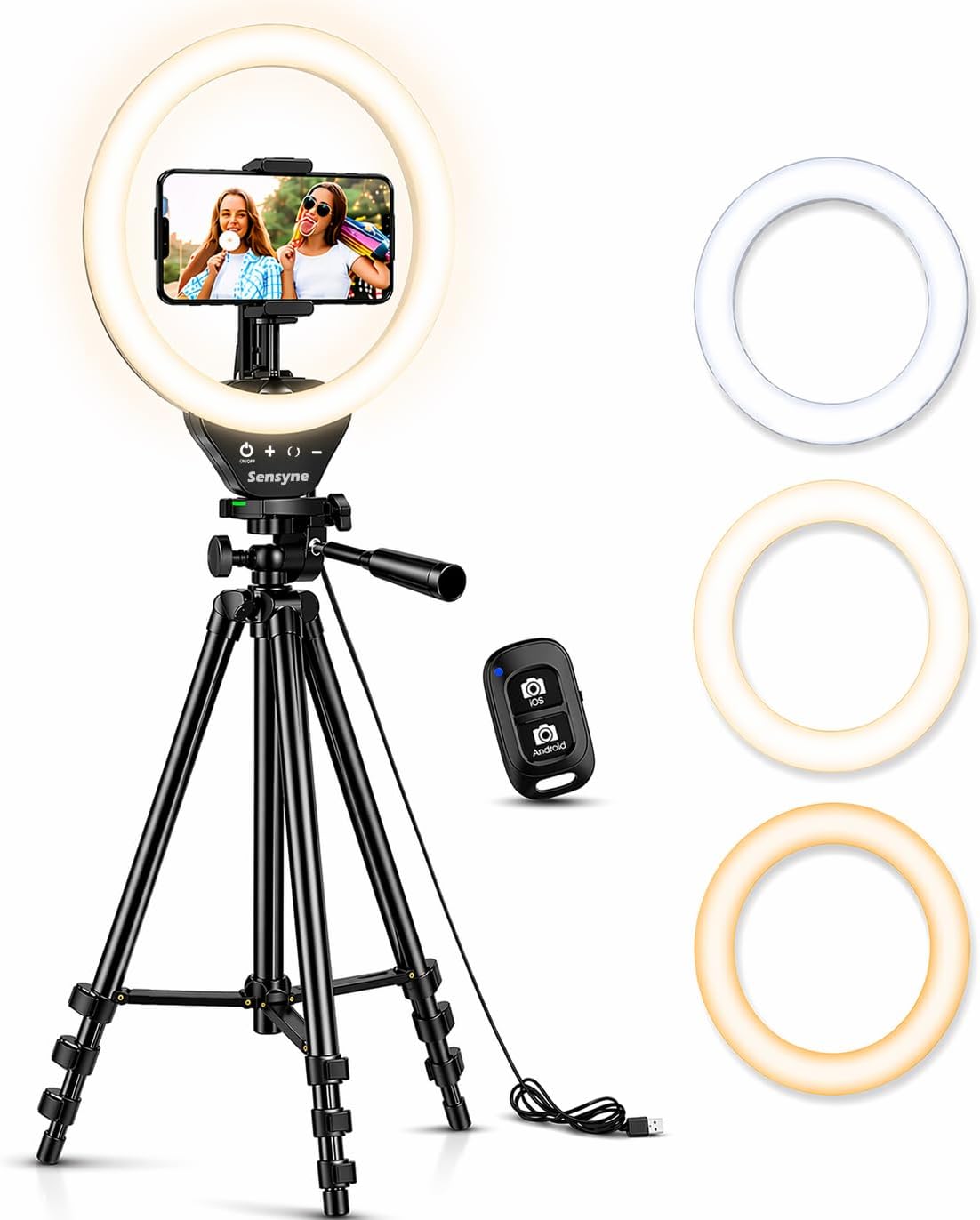 Sensyne Ring Light with Stand, 50" Phone Tripod for iPhone & Android, LED Ring Light with Remote, 3 Color Modes & 10 Brightness Levels for TikTok, Zoom & Video Recording