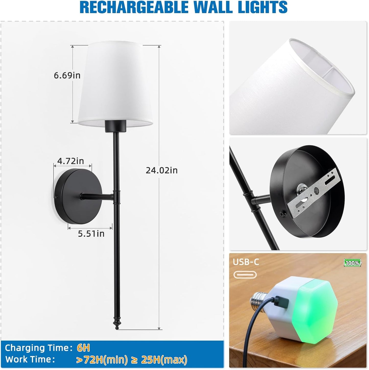 NIORSUN Battery Operated Wall Sconce Set of 2,Black Rechargeable Wall Lights with 10400mAh Dimmable Bulbs and Remote,10 Colors Wireless Wall Lamps for Bedroom Living Room Hallway Decor