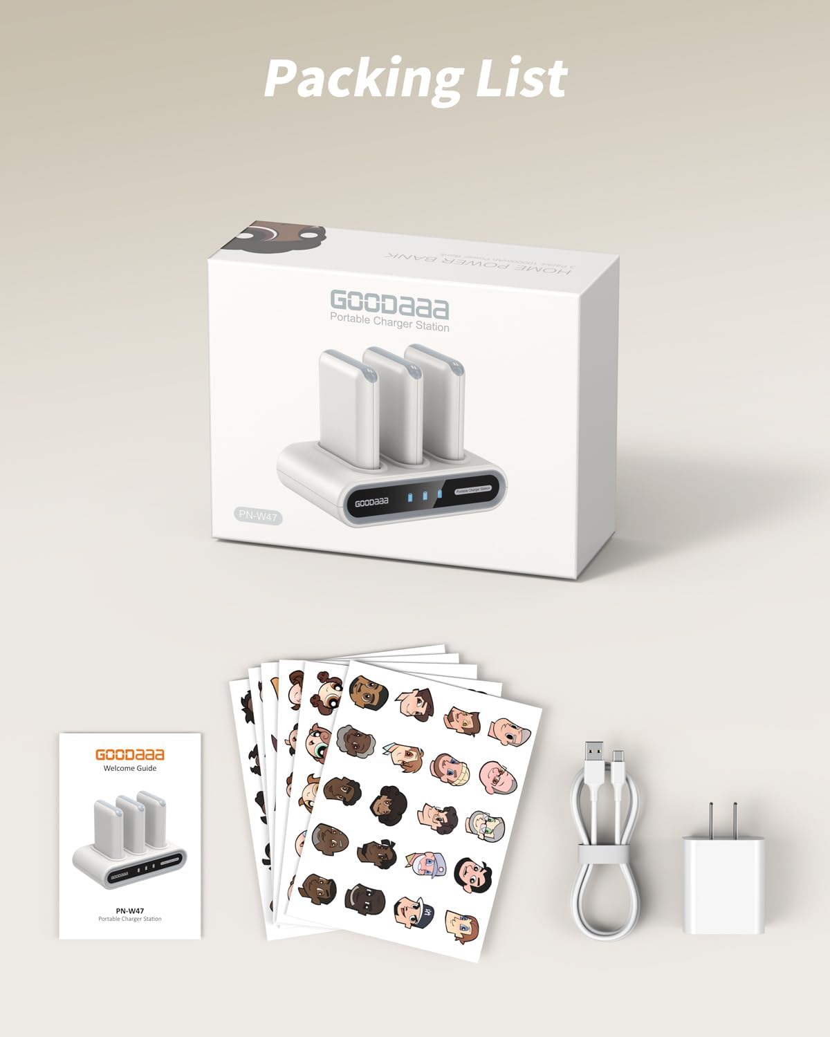 GOODaaa Portable Charger, 3-Pack 10000mAh Slim Power Bank Built in Cables, 3 Outputs 1 Inputs Family Power Hub for All Mobile Devices, Charging Station Set Includes 180 DlY Stickers, for Home,Office