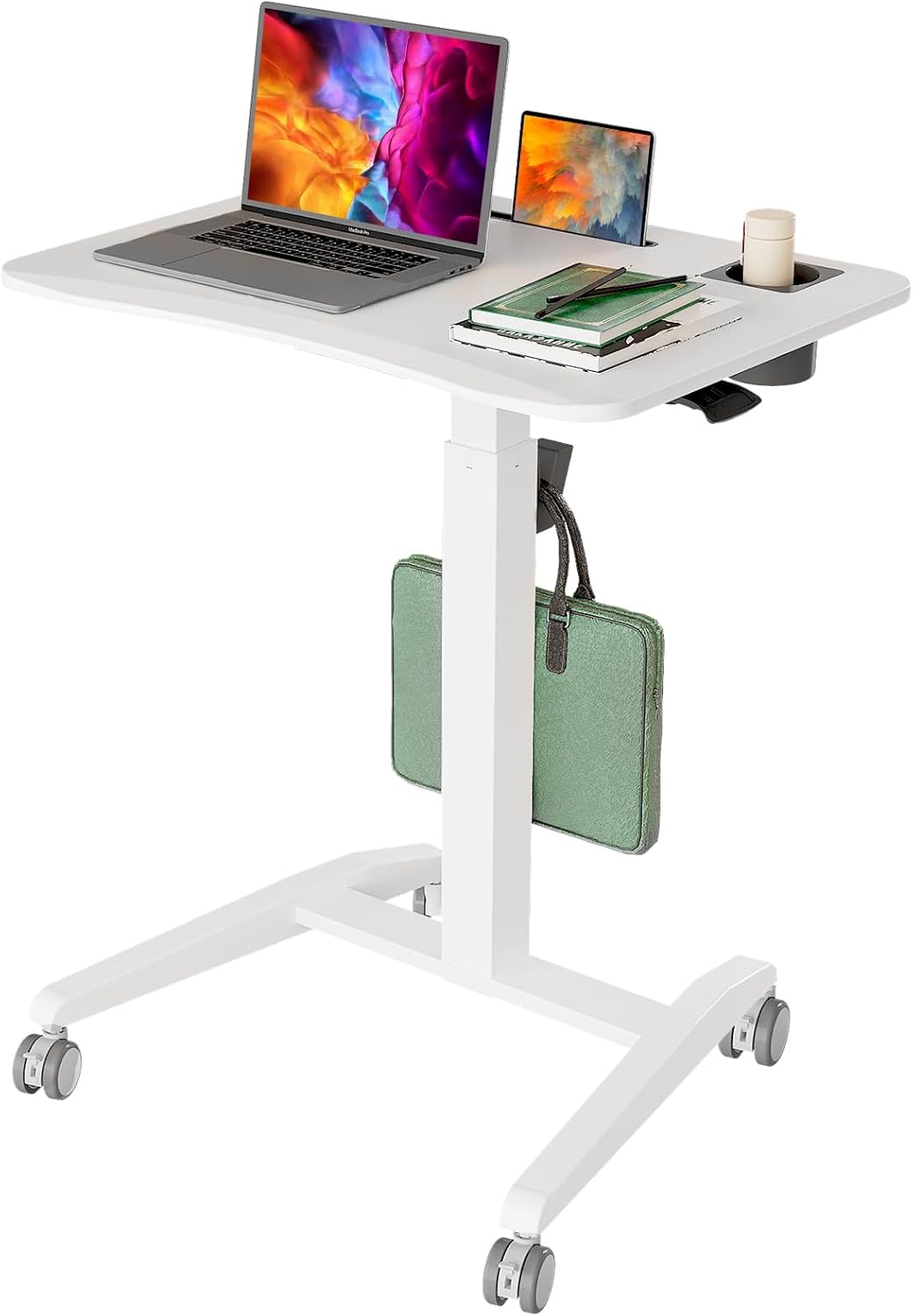 Gibbon Mounts Mobile Standing Desk, Height Adjustable Rolling Laptop Desk, 27 inches Portable Sit Stand Desk with Wheels and Hook, Pneumatic Computer Table, White