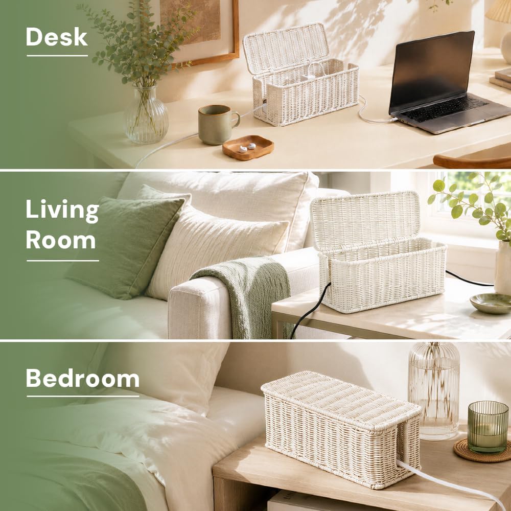 Cable Management Box, Handmade Rattan Cord Organizer for Power Strip | Open Slots Cord Hider for Power Strip, Router & USB Hub, Registered U.S. Design Patent