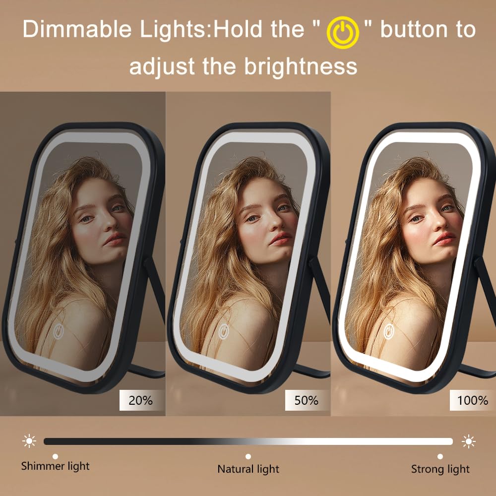 YEKKOPT Travel Mirror with Lights, Small LED Makeup Mirror with Lights,Portable Desk Mirror 1200mAh Battery,3 Color Modes,Dimmable Touch Screen, Tabletop Folding Compact Mirror,Women Gift