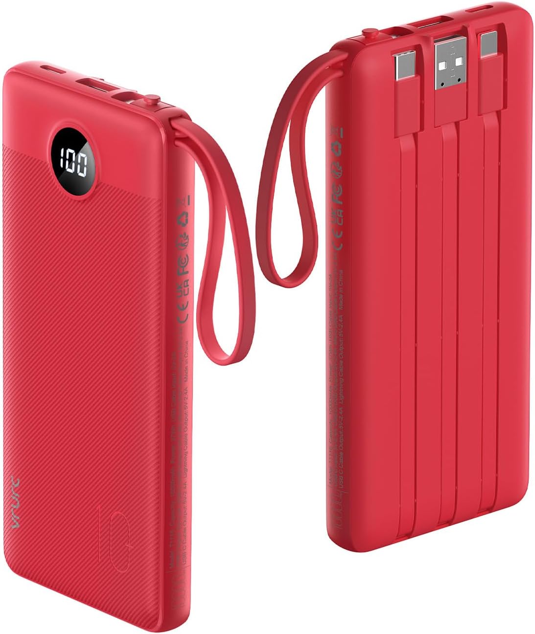 VRURC Portable Charger, Built in 4 Cables & Lanyard Power Bank 10000mAh, Compact USB C Charging Bank 5 Outputs for Multi Devices,Travel Essential for Hiking Camping Business Cruise Ship-Red(1 Pack)