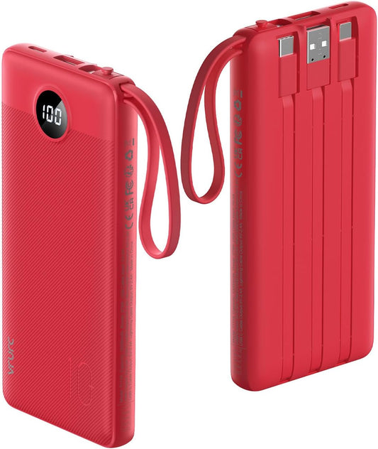 VRURC Portable Charger, Built in 4 Cables & Lanyard Power Bank 10000mAh, Compact USB C Charging Bank 5 Outputs for Multi Devices,Travel Essential for Hiking Camping Business Cruise Ship-Red(1 Pack)