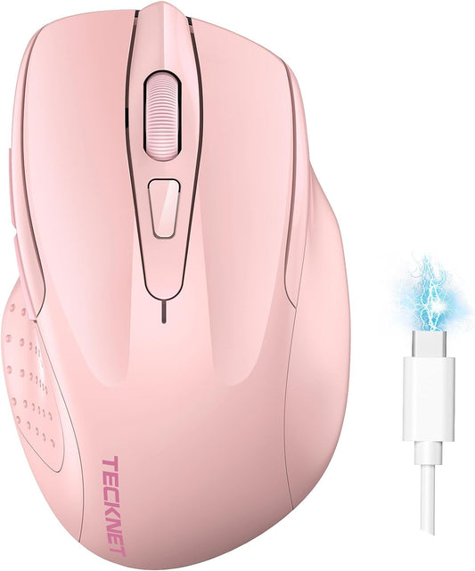 TECKNET Wireless Mouse, BT 5.0/2.4G, Rechargeable 6-DPI Silent, Pink