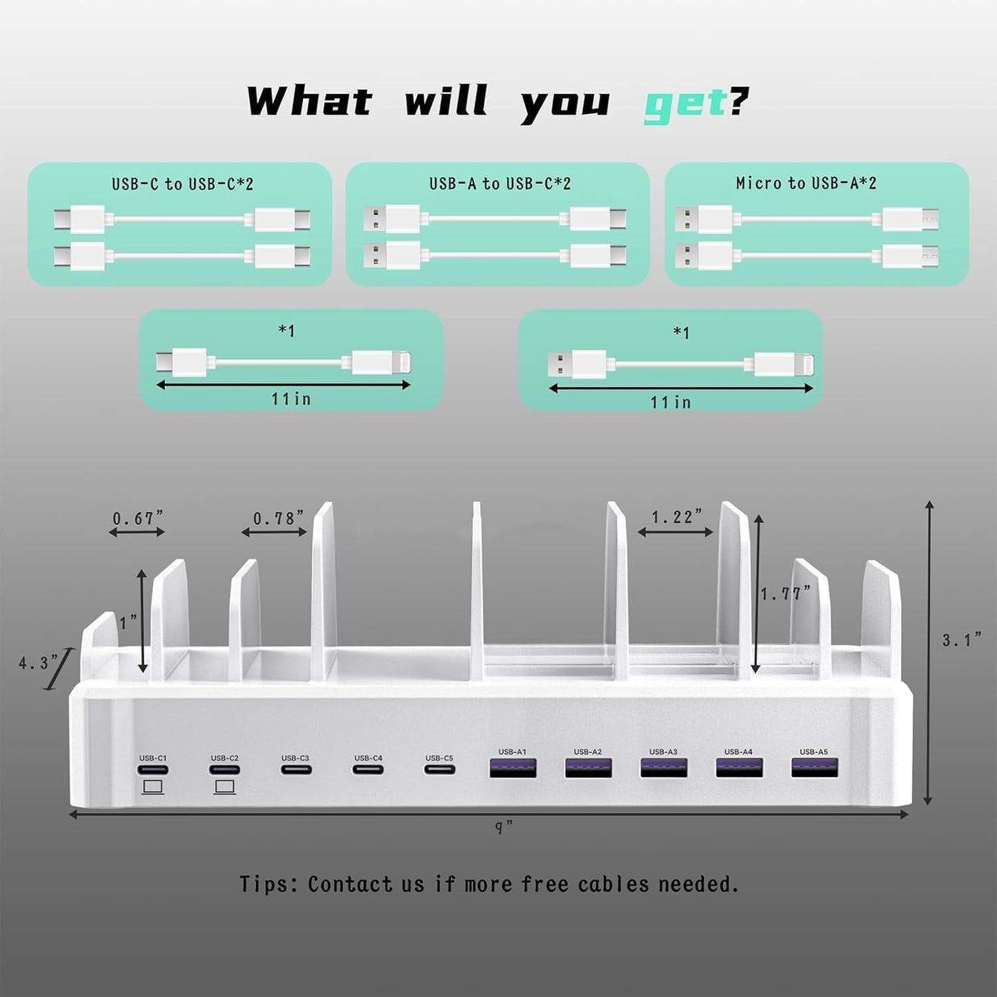 Zobirez 420W 10-Port Fast USB Charging Station for Multiple Devices, White | USB-C 1 & 2: Dual 65W Laptop Charging; 3x45W and 5x30W Ports for Phones, Tablets & Accessories; Includes 10 Cables