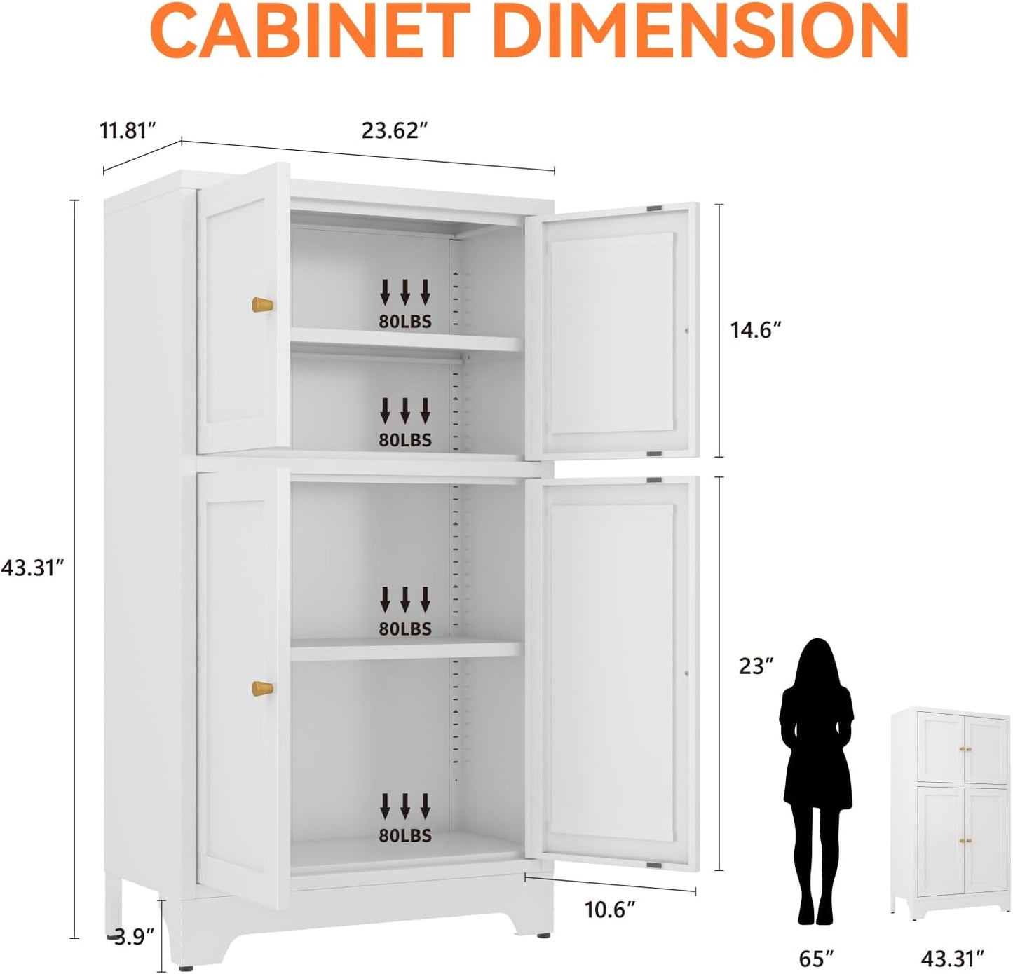 Metal Bathroom Storage Cabinet, Freestanding Pantry Floor Cabinet with 4 Doors and 2 Adjustable Shelves for Living Room, Dining Room, Kitchen (White, 43.3" H-4 Doors)