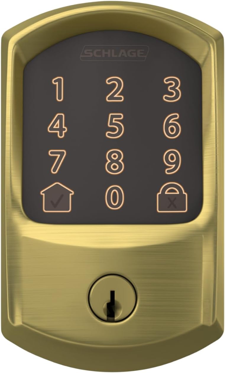Schlage Encode Smart Wi-Fi Deadbolt Lock with Touchscreen Keypad, Keyless Front Door Entry, App Control, Alexa, Google Home and Airbnb Compatible, Satin Brass, BE489WB GRW 608