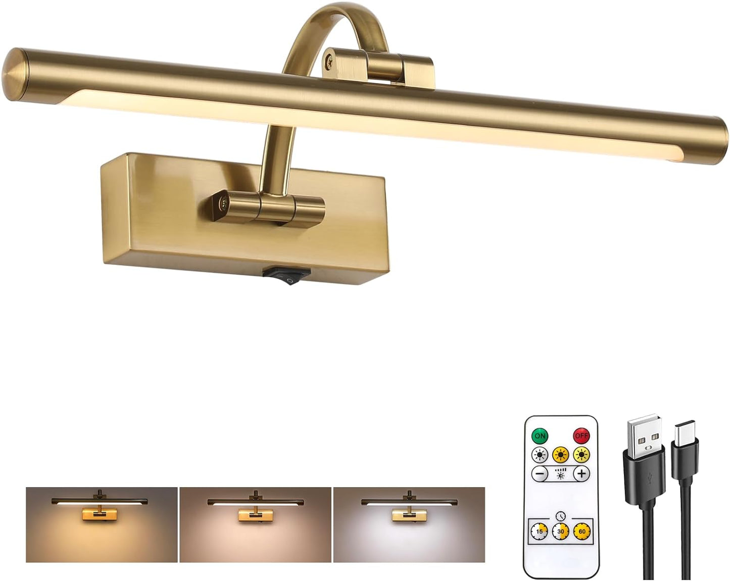 Tassuowell Wireless Picture Lights for Wall Rechargeable, Battery Operated Art Light for Paintings, 3CCT Dimmable, 15.7" Brass Finish with Remote, Rotatable Gallery Light for Pictures Display