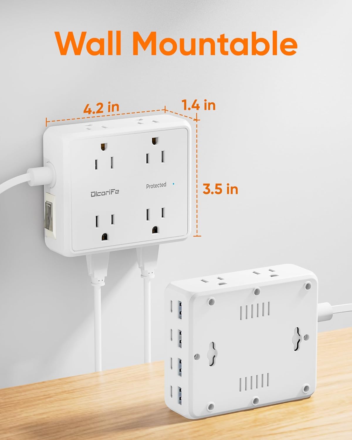 Olcorife Flat Plug Power Strip with 10 FT Extension Cord, 8 Outlets 8 USB Ports(4 USB C), 3 Sided Outlet Extender for Home Office Travel Dorm Room Essentials, White