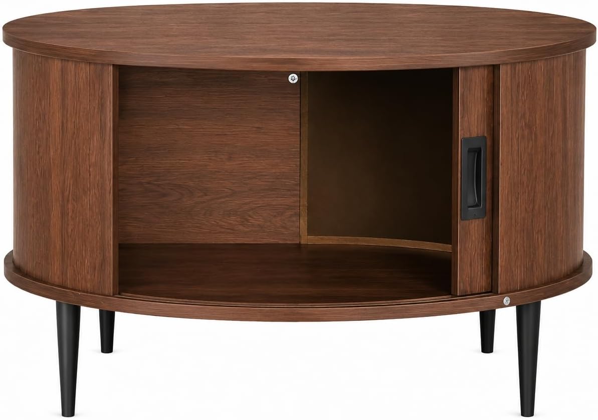 ARTPOWER 31.5" Round Coffee Table with Storage Mid Century Brown Walnut