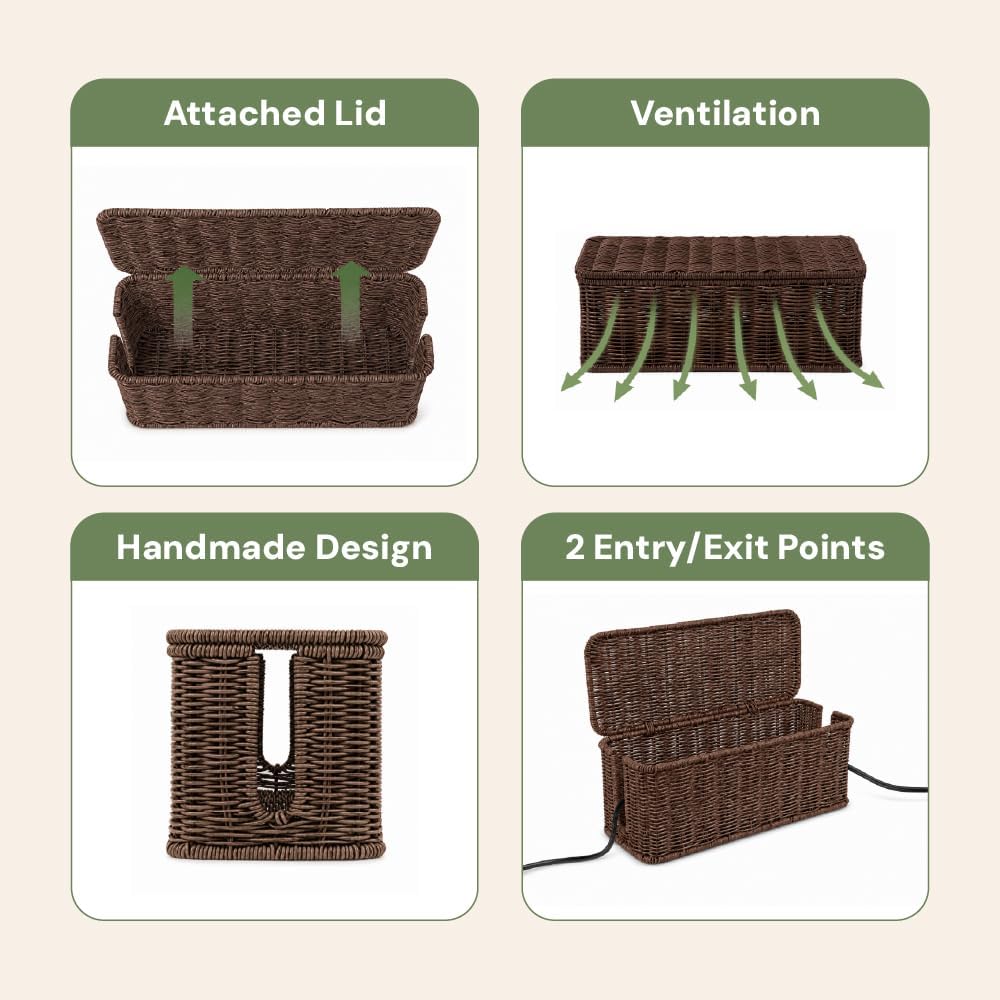 Cable Management Box, Handmade Rattan Cord Organizer for Power Strip | Open Slots Cord Hider for Power Strip, Router & USB Hub, Registered U.S. Design Patent