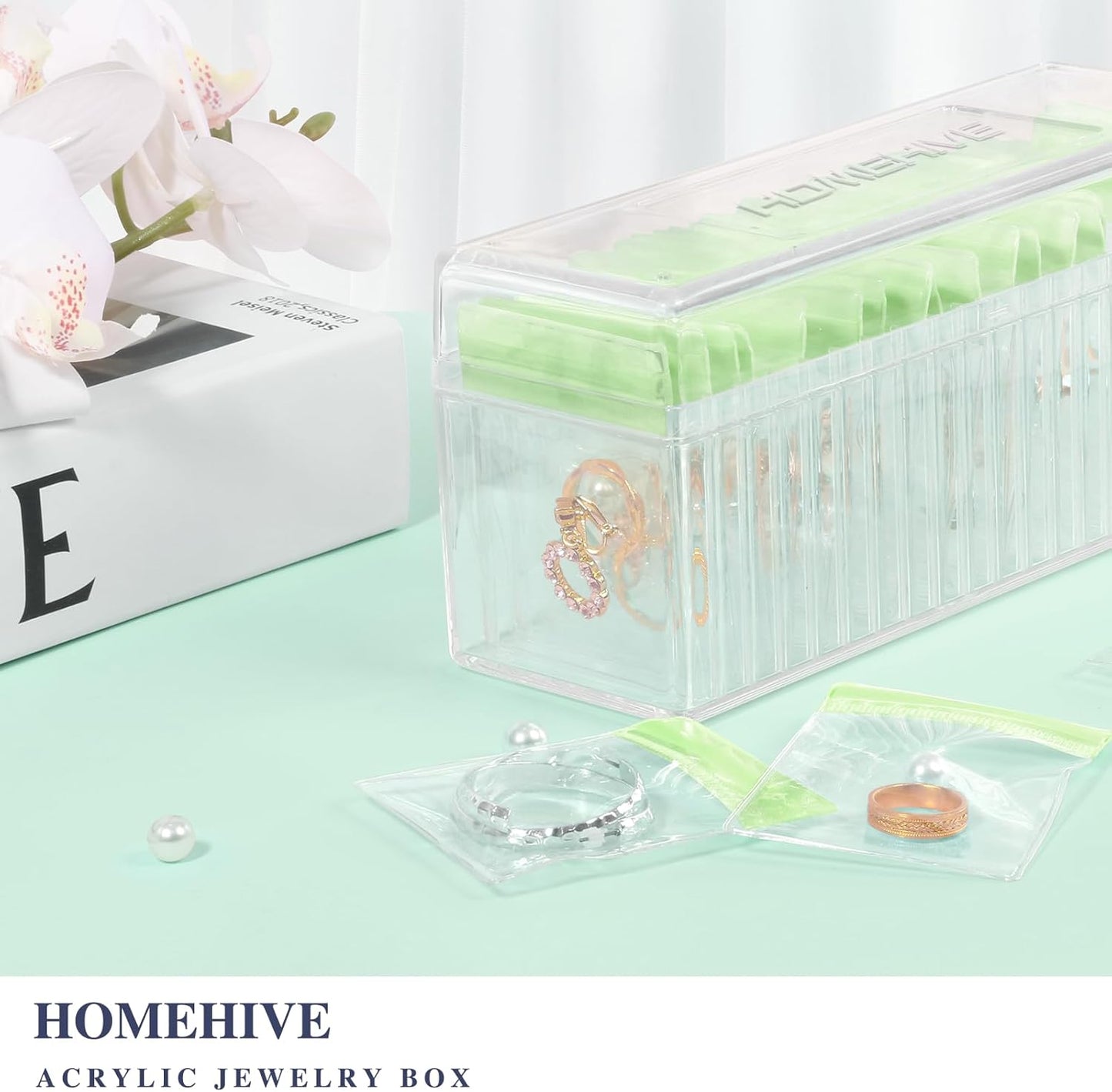 HOMEHIVE Acrylic Jewelry Box Organizer, Clear Jewelry Organizer Holder with 20 Portable Anti Tarnish Jewelry bags, Travel Jewelry Case for Earrings/Rings/Necklaces for Women Girls, Green