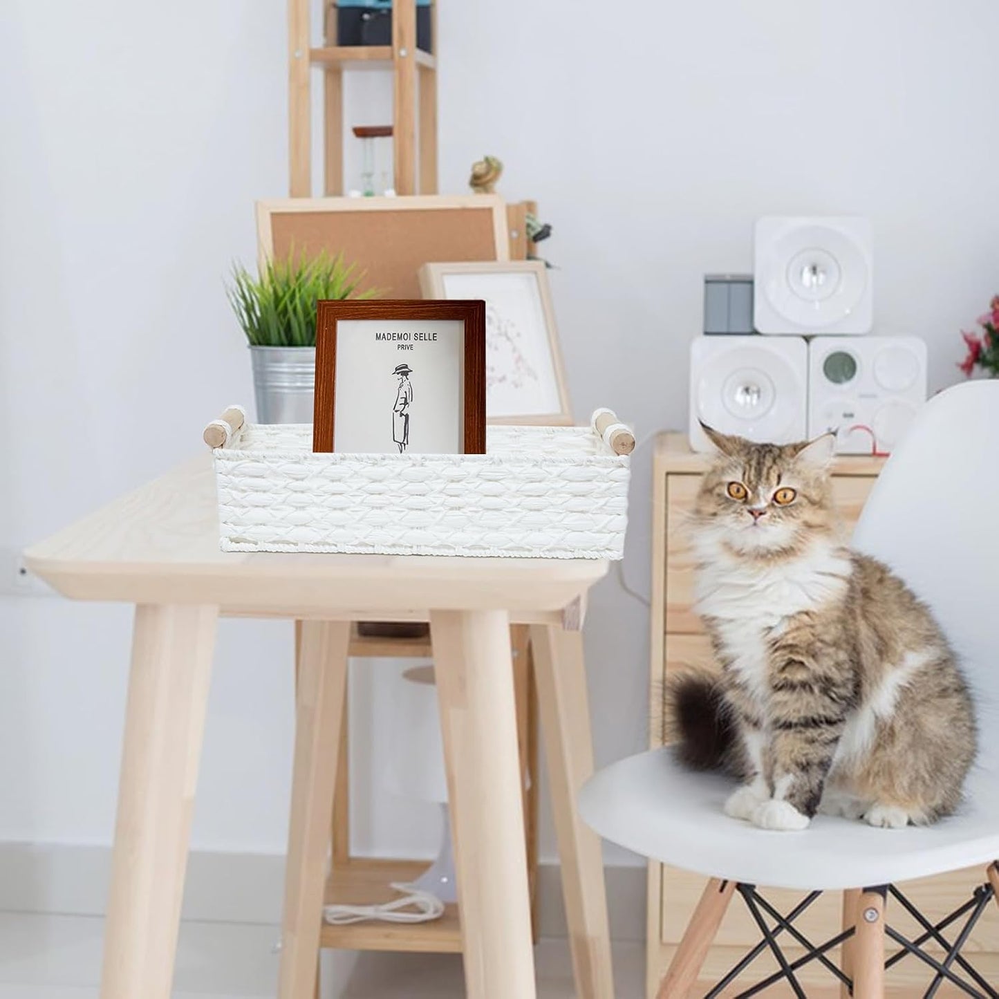 Small Storage Basket Wicker Baskets for Organizing with Handle Decorative Storage Bins for Countertop Toilet Paper Basket for Toilet Tank Top Small Baskets Set,White