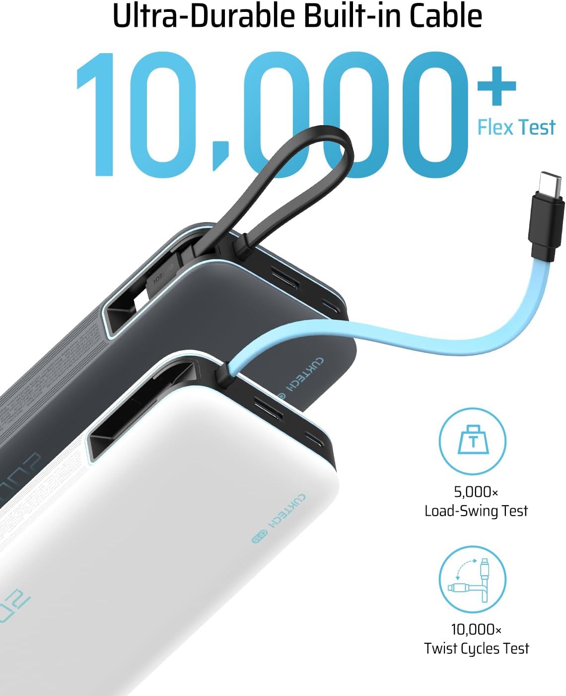 CUKTECH 45W Power Bank 20000mAh, Portable Travel Charger Built-in USB C Cable, Fast Charging Battery Pack for iPhone 16/15/14/13, iPad, Samsung Galaxy, Google Pixel, Android and More (Gray)