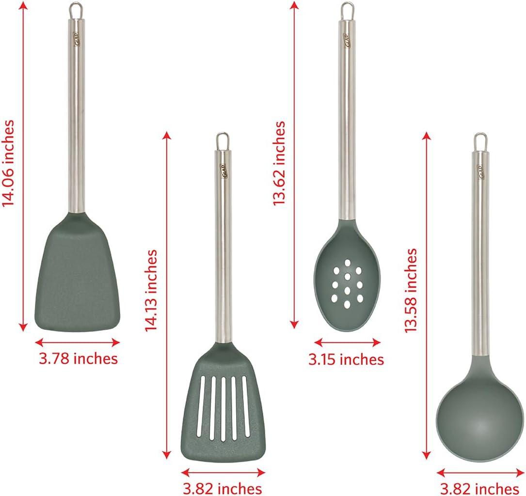 Glad Kitchen Utensils Set, 8pcs - Nonstick Cooking Tools with Stainless Steel Handles & Rotating Utensil Holder - Turners, Ladle, Spoon, Tongs, Spaghetti Server, and Skimmer - Dishwasher Safe, Green