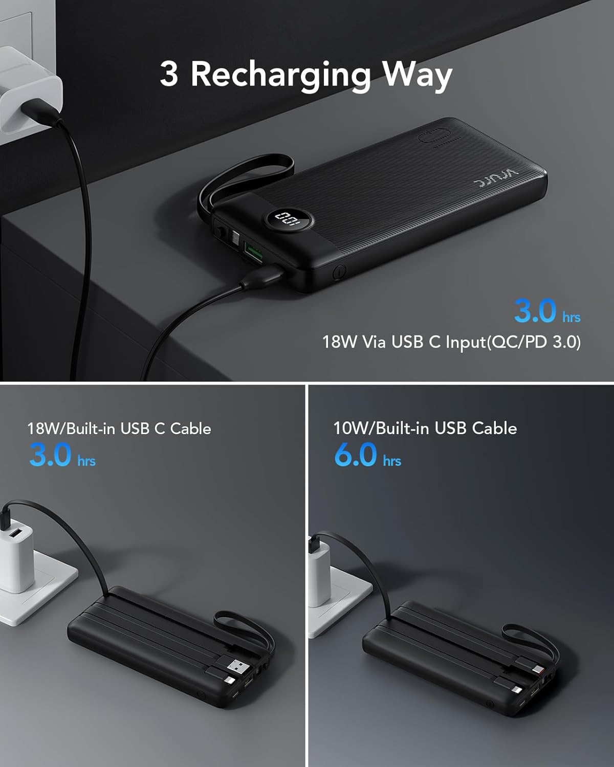 VRURC Portable Charger, 22.5W Fast Charging Power Bank Built‑in 4 Cables, 10000mAh Slim Lightweight Travel Battery Pack for iPhone, Samsung & Multi Devices, Pocket‑Friendly with Lanyard(1 Pack)