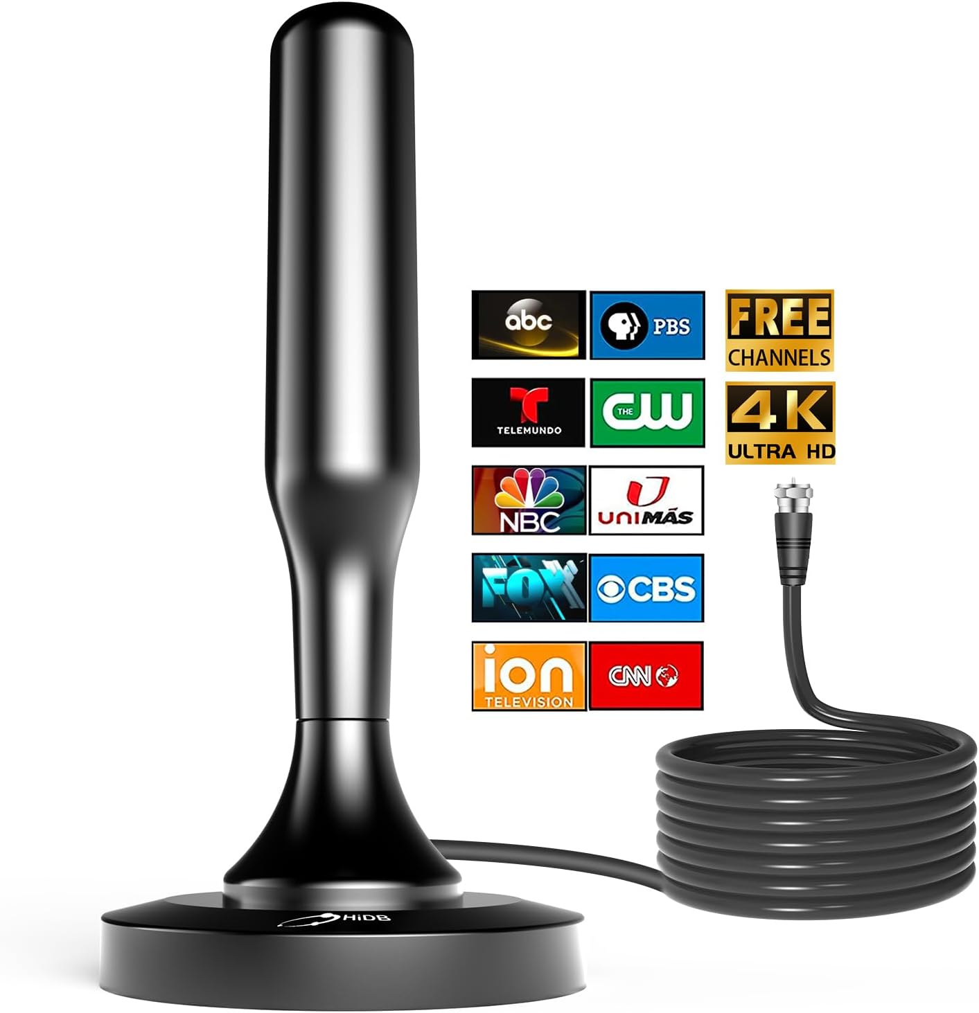 HIDB TV Antenna for Smart TV Indoor, Digital Indoor TV Antenna for Local Channels with Strong Magnetic Base, Easy Installation, Long Range Reception, 4K HD 1080P, 10ft Cables
