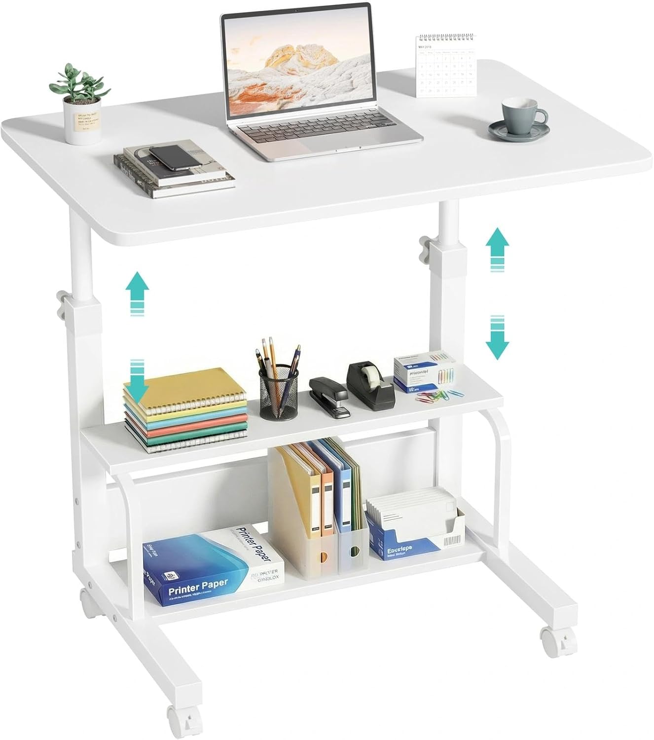 WINAZ Small Portable Laptop Rolling Desk - 32" Mobile Kids Desk with Wheels for Small Spaces, White，31.5"