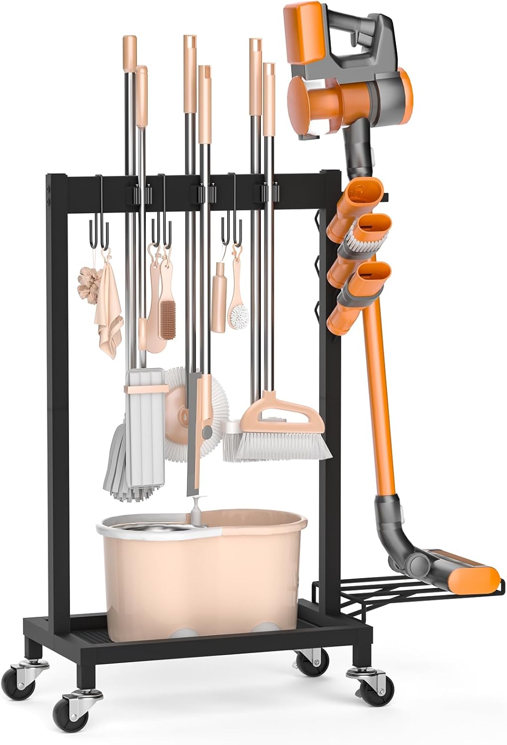 Broom Holder with Cleaning Supplies Organizer Load 160 LBS Cleaning Cart with Wheels Broom Closet Storage with 6 Mop Hanger Grippers, 3 Double-Hooks, Vacuum Stand for Laundry Garage Organization