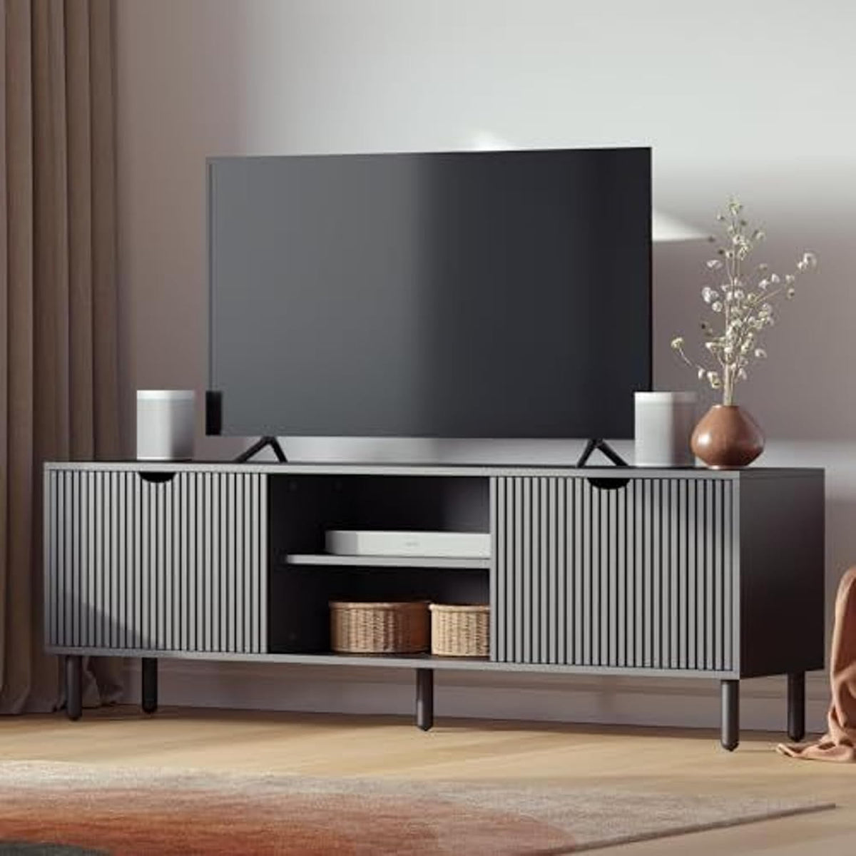 Stead Fluted Wood TV Stand - Soft-Close Doors & Adjustable Shelves TV Console with Storage - Cable Management Entertainment Center - Fluted Doors Hide Components Media Stand - Black, 70