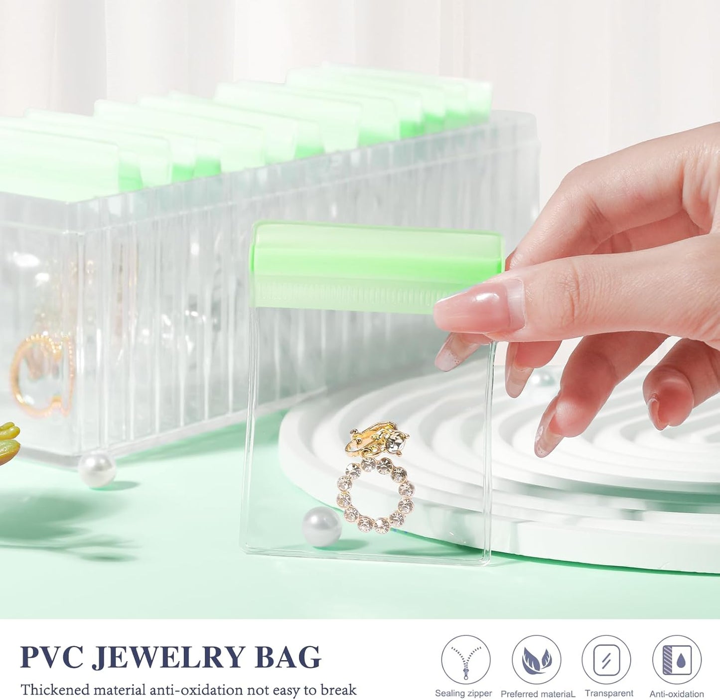 HOMEHIVE Acrylic Jewelry Box Organizer, Clear Jewelry Organizer Holder with 20 Portable Anti Tarnish Jewelry bags, Travel Jewelry Case for Earrings/Rings/Necklaces for Women Girls, Green