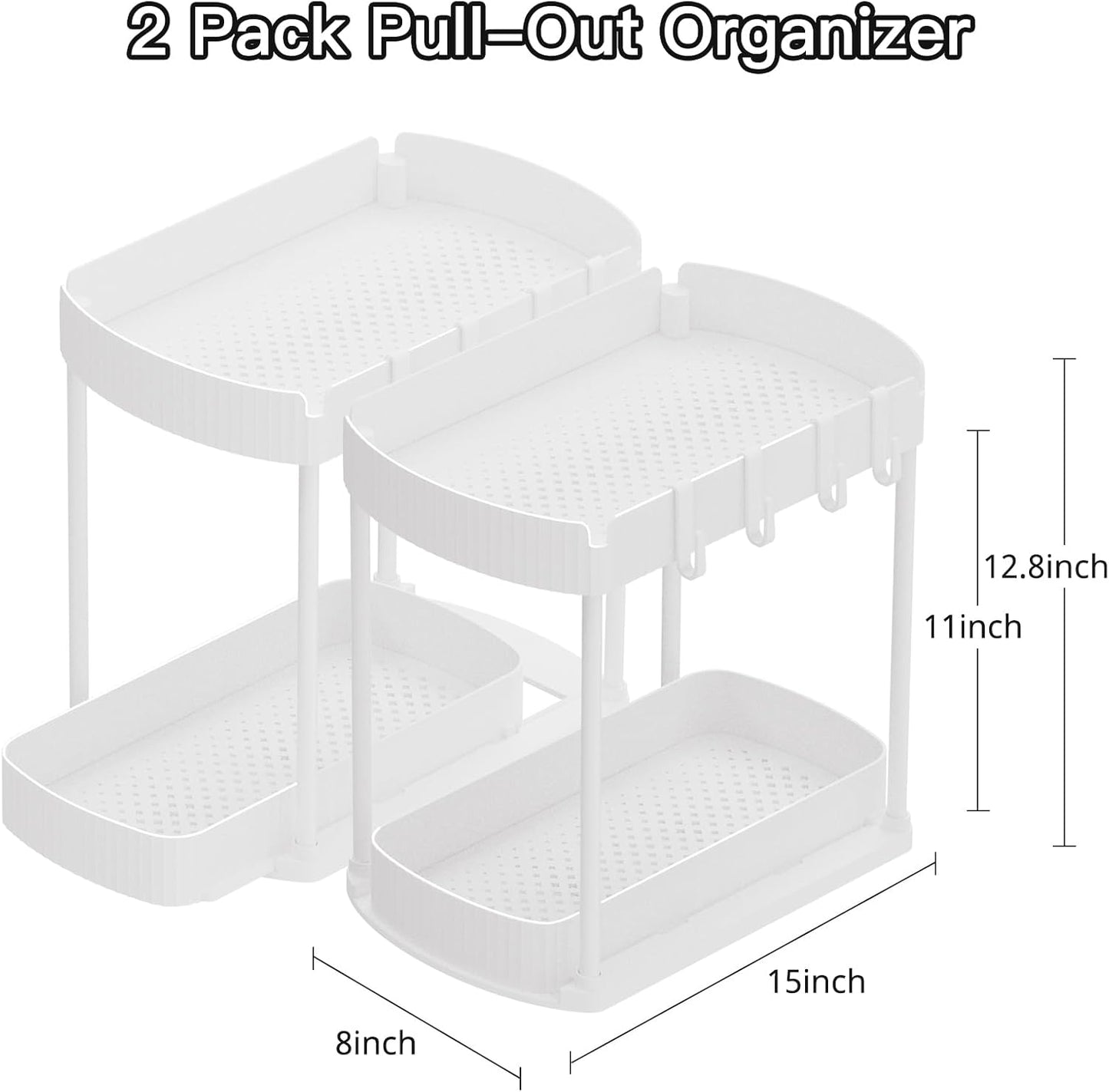 Ukeetap 2 Pack Multi-Purpose Pull-Out Storage Organizers, Under Sink & Cabinet Storage, 12.8 Inch, White