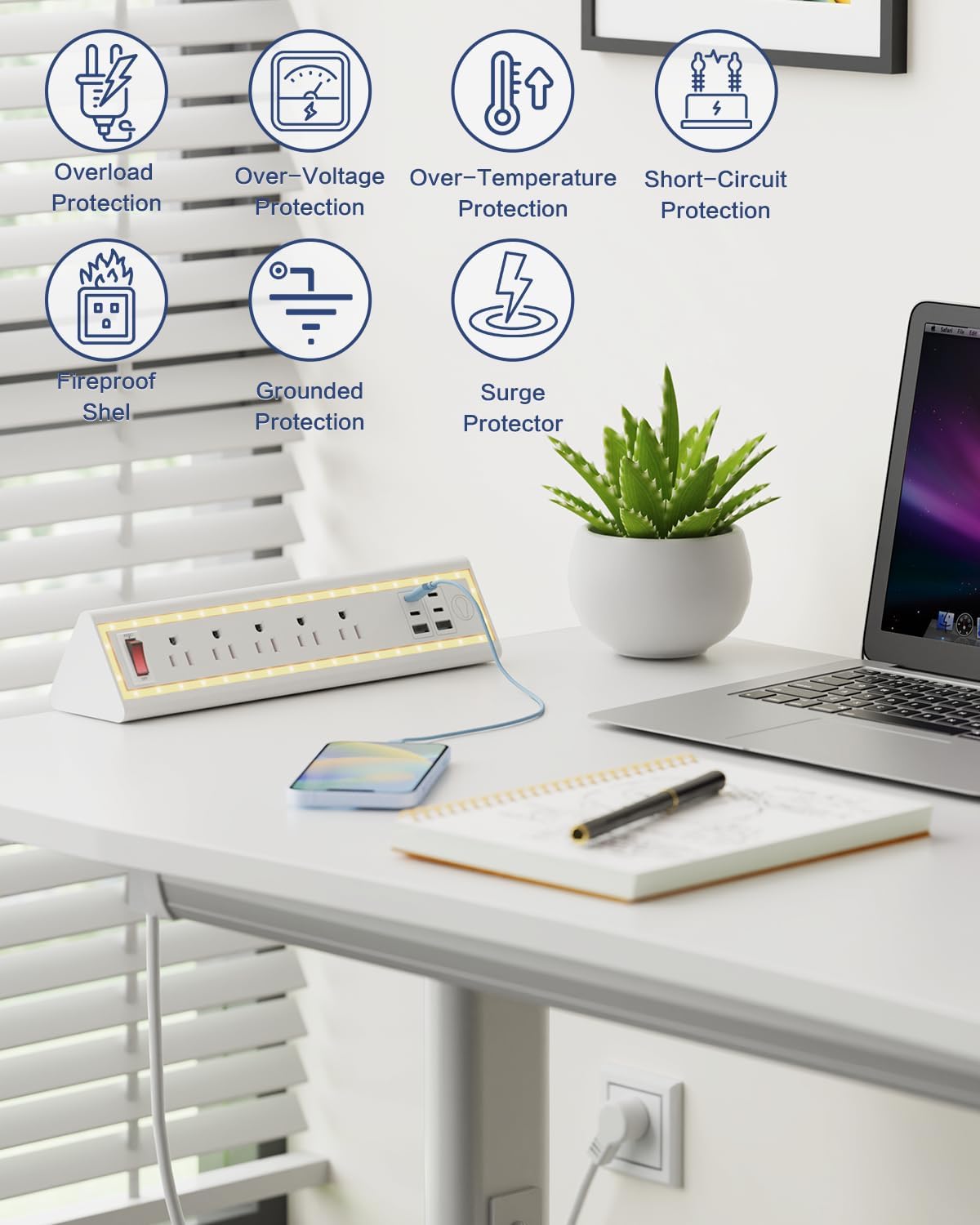 Desk Clamp Power Strip with Nightlight, 40W Fast Charging, 6FT Extension Cord, 4x20W USB-C & 2 USB Ports, 5 AC Outlets, Fits 1.69-Inch Table Edges