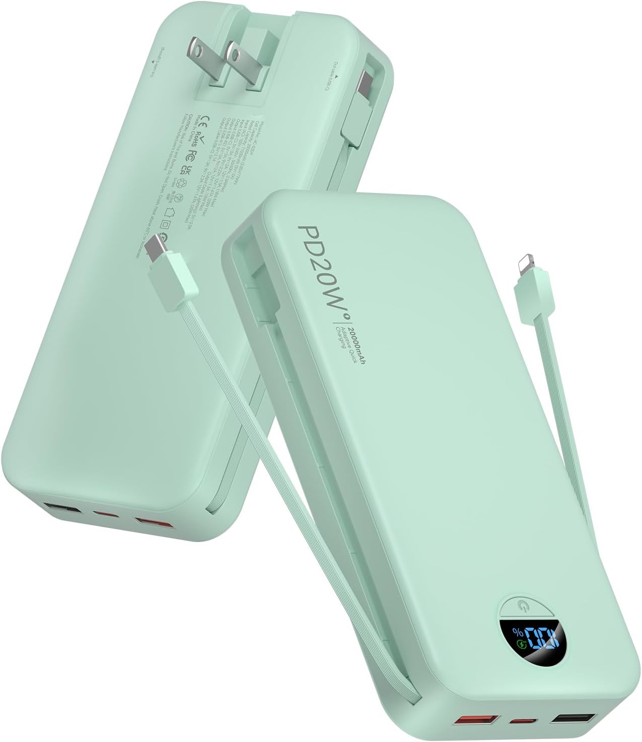 citicr Portable Charger Power Bank, 20000mAh PD20W USB C Fast Charging with Built-in Cables & Wall Plug, External Battery Pack with LED Display, Travel Essential for iPhone, iPad, Samsung Green
