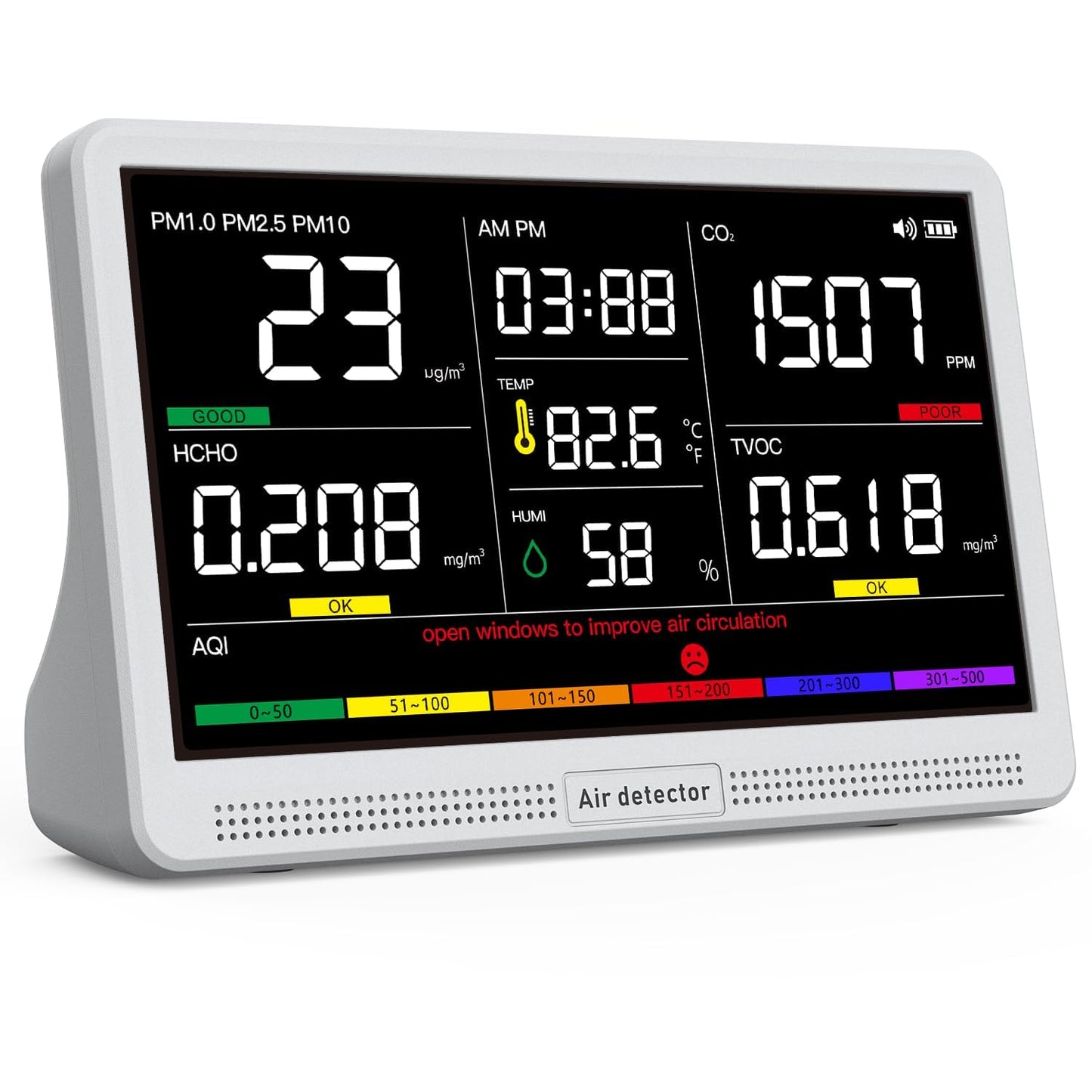 16 in 1 Air Quality Monitor Indoor 7" Large Display 9 AQI+7 Alerts, CO2 Monitor Air Quality Tester for CO2, TVOC, PM2.5 PM1.0 PM10, HCHO Temperature Humidity AQI & Time Air Quality Meter for Home