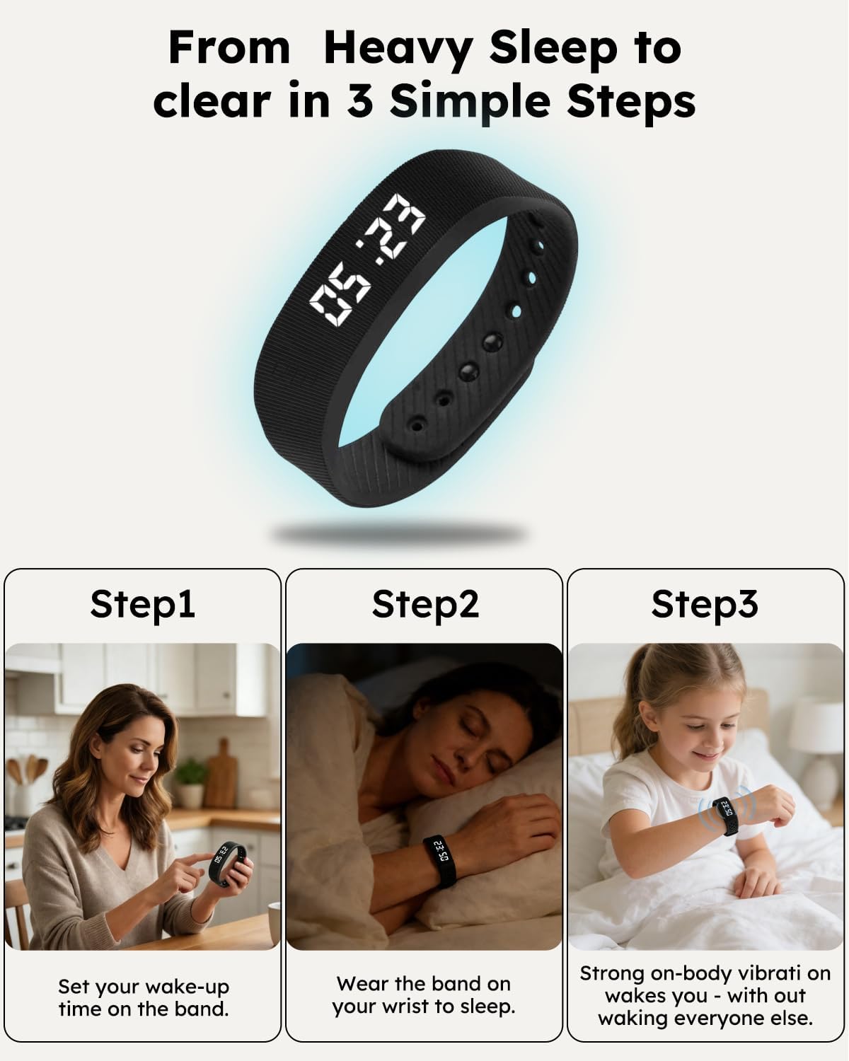 Vibrating Alarm Clock Watch for Heavy Sleepers, Silent Wake Up Bracelet & Smart Wristband, Wearable Vibration Wrist Alarm, Non-Audible Sleep Wristband for Men & Women