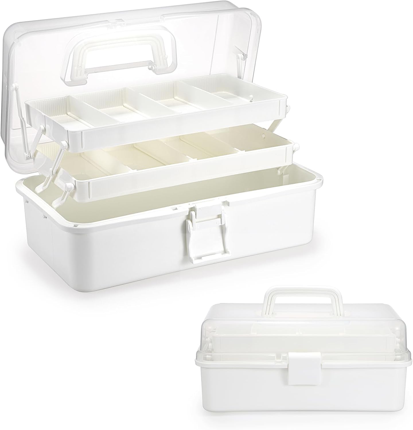 BTSKY 3-Layer Plastic Dividing Storage Box Craft Organizer with Adjustable Spacers Portable Handled Art Supply Organizer Multipurpose Home Utility Box for Medicine Box Sewing Box (Beige White)