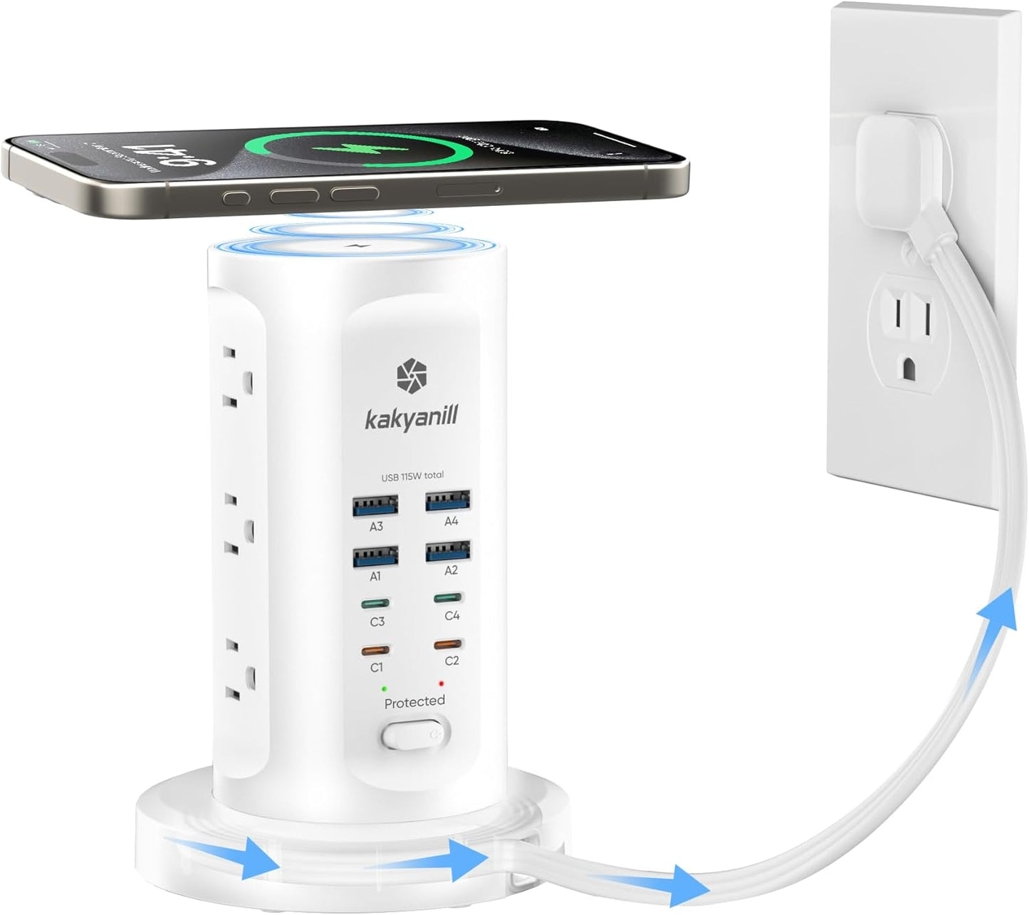 Kakyanill 115W USB Charging Station, Power Strip Tower, 9 AC Outlets with 8 USB Ports(4 USB-C), 6Ft Flat Plug Retractable Extension Cord, for Home Office Dorm, Black