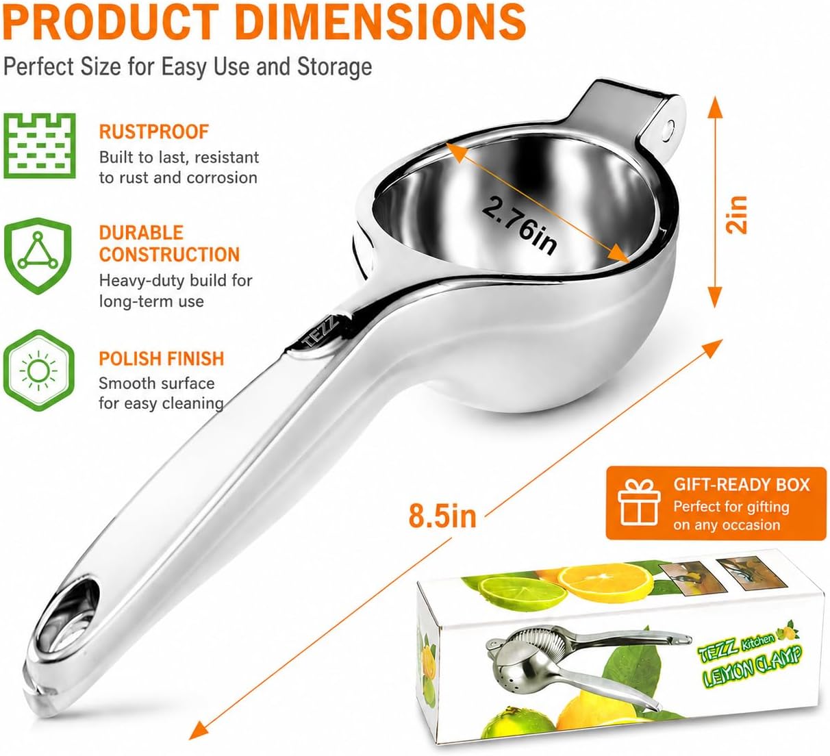 TEZZ Premium Lemon Squeezer, Large Heavy Duty Handhelp Juicer for Lemon, Metal Hand Press Citrus Juicer, Lime Squeezer Bar Tool, Manual Citrus Press