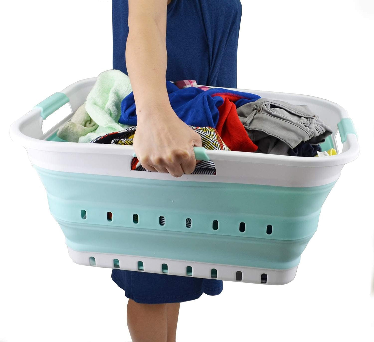 SAMMART 42L (11 gallon) Collapsible Plastic Laundry Basket - Foldable Pop Up Storage Container/Organizer - Portable Basket - Space Saving Hamper/Basket (2, White/Lake Green)