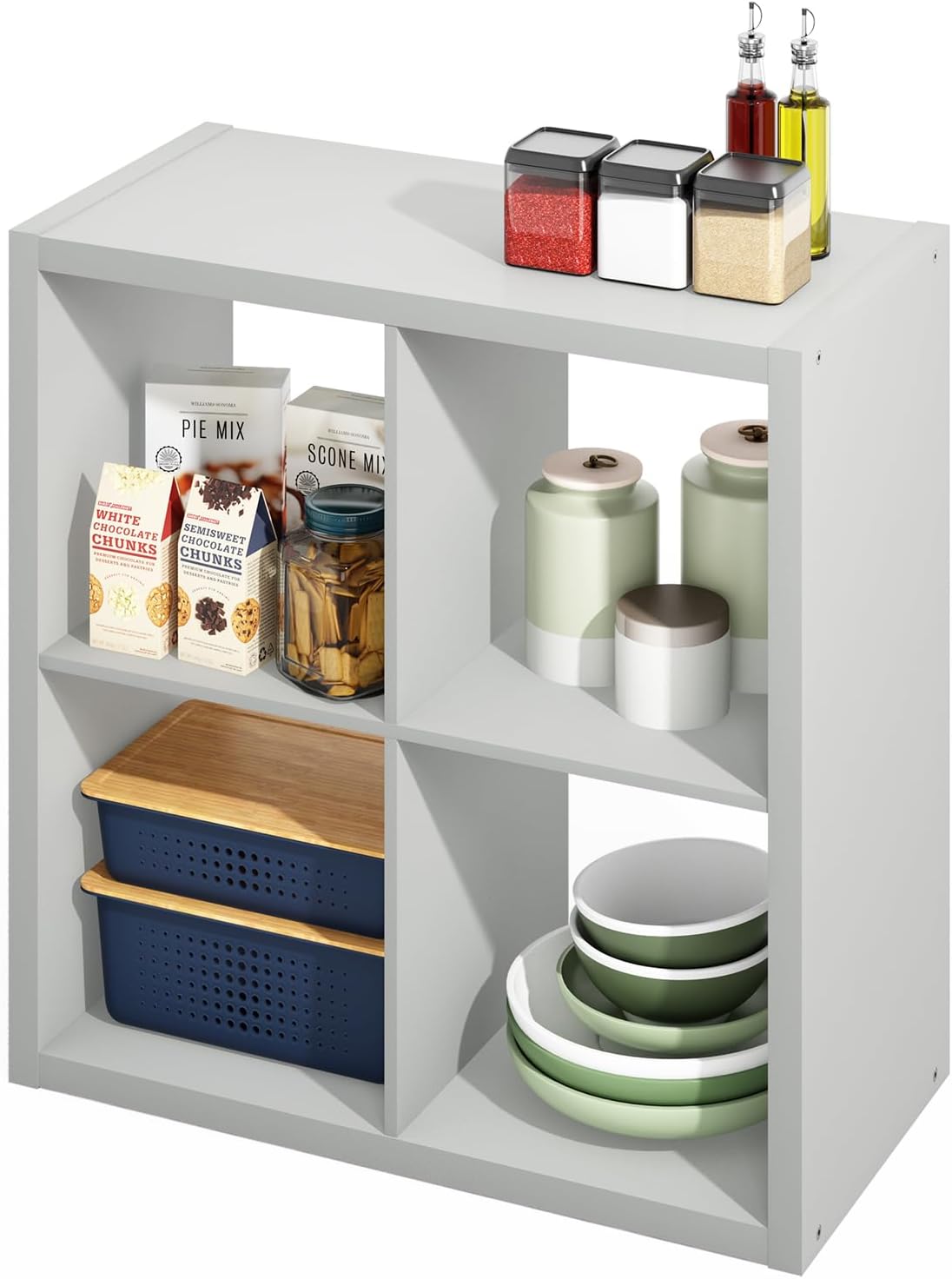 Furinno HERMITE Kitchen Island, 4-Cube Coffee Bar, Extra Thick Kitchen Storage, Bakers Rack, for Pantry Organizers and Storage, Kitchen Organization, Light Grey