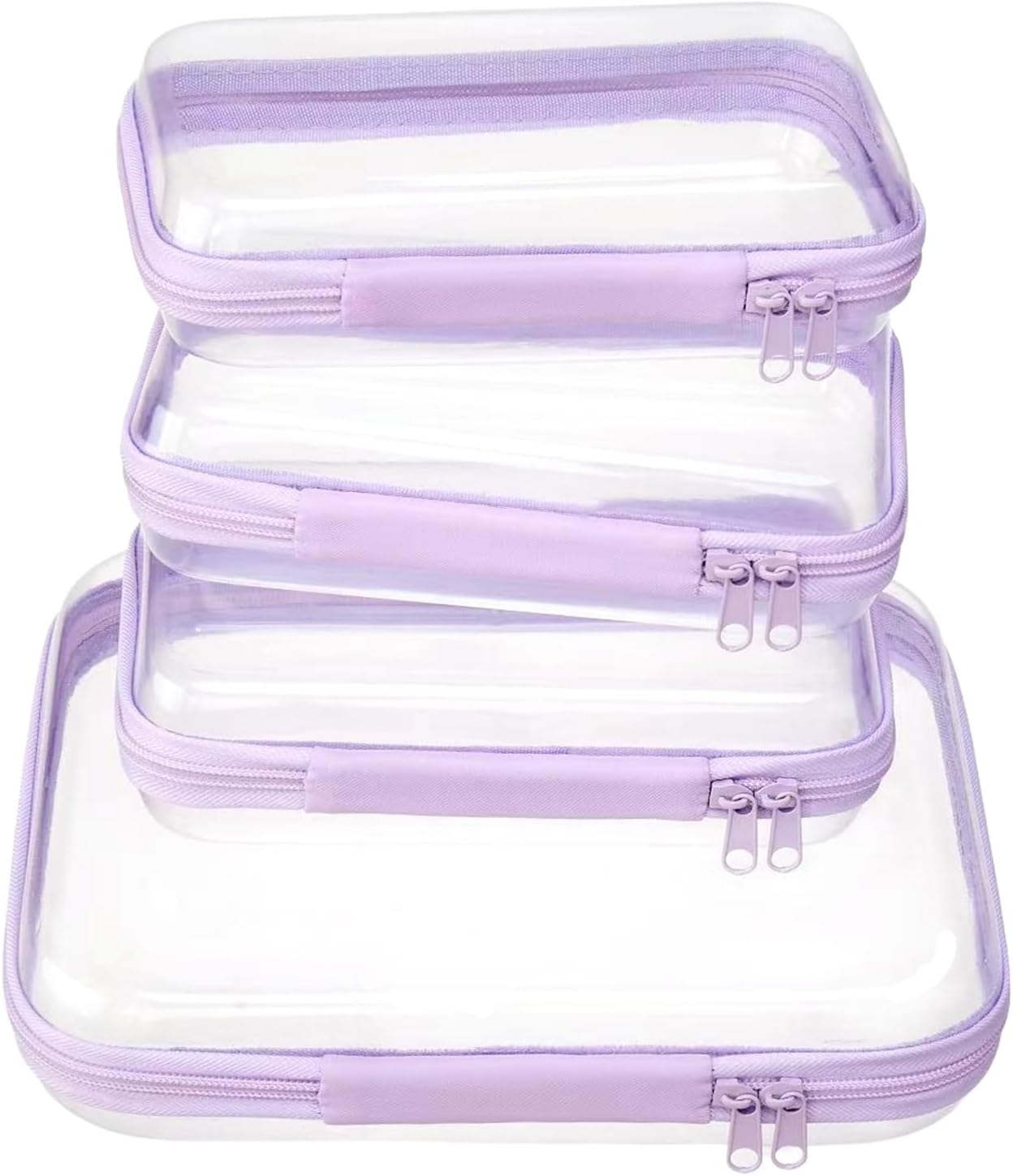 4 pcs Clear Zipper Pouches,Hard Shell Zipper Case, Toiletry Bag for Travel, CLear Diaper Bag, Toiletry Pouch, Travel Organizer, Cosmetic Bag,Toy Storage Bins (M+3S) (Lavender)