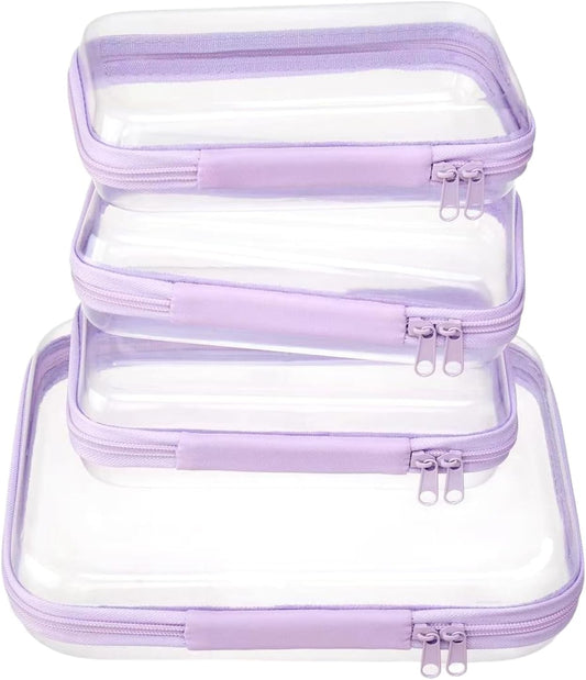 4 pcs Clear Zipper Pouches,Hard Shell Zipper Case, Toiletry Bag for Travel, CLear Diaper Bag, Toiletry Pouch, Travel Organizer, Cosmetic Bag,Toy Storage Bins (M+3S) (Lavender)